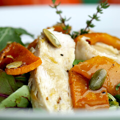 salad with roasted pumpkin and chicken fillet