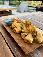 delicious food for dinner on a wooden plate