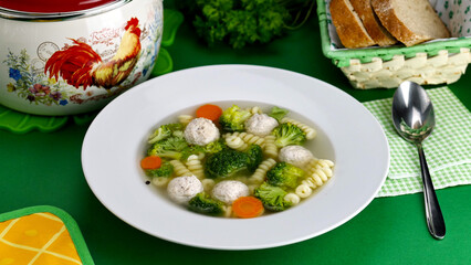 soup with chicken meatballs and vegetables