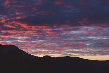 majestic pink sunset over the mountains with eucalyptus gum trees silhouettes shot in Tasmania