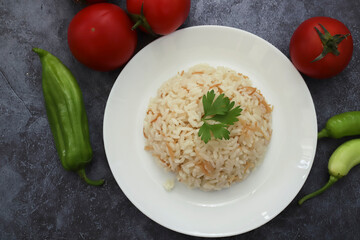 Traditional delicious Turkish food; Turkish style rice pilaf (Turkish name; Tel sehriyeli pirinc...