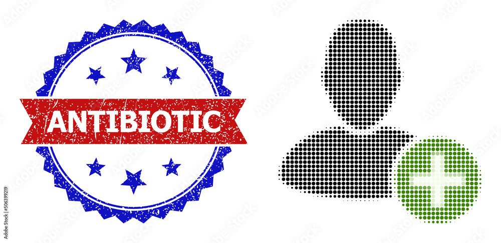 Poster halftone add user icon, and bicolor dirty antibiotic seal stamp. halftone add user icon is construct