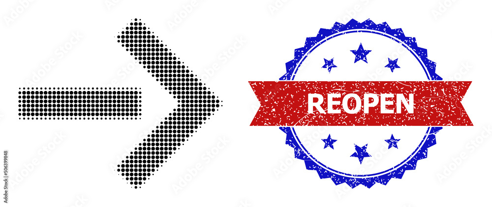 Poster halftone move right icon, and bicolor scratched reopen seal stamp. halftone move right icon is gener