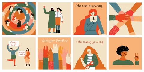 Women friendship group. Diverse female team standing together, holding hands, girls power, multinational sisterhood community vector illustration. Friendship group females, people diversity