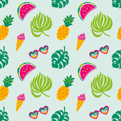 Exotic leaves and summer fruits. Summer illustration. Seamless pattern for fabric, wrapping, textile, wallpaper, apparel. Vector.