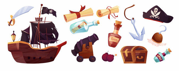 Pirates set icons in cartoon style. Flag with white skull and crossing bones. Parchment pirate's treasure map, bottle.