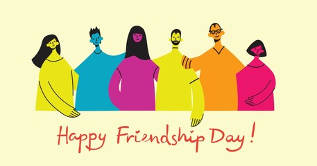 Naklejka na ściany i meble Background with happy diverse hugging people. Concept of friendship day, unity. Celebration or congratulation of multiracial friends.