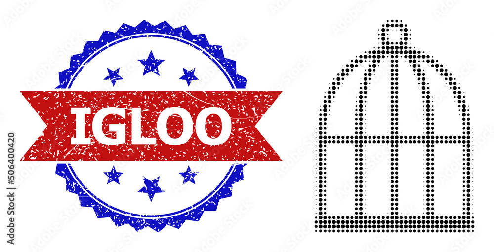 Poster halftone bird cell icon, and bicolor rubber igloo seal. halftone bird cell icon is made with small r