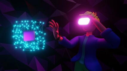Metaverse technology future concept, cyber virtual reality simulation, VR AI, artificial intelligence, global blockchain innovation connection, futuristic networking experience, 3D rendering.