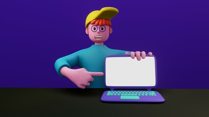 Concept illustration of business presentation on notebook screen, leave blank space. Website presentation, social, minimalist style. Man holding laptop and pointing finger. 3D rendering