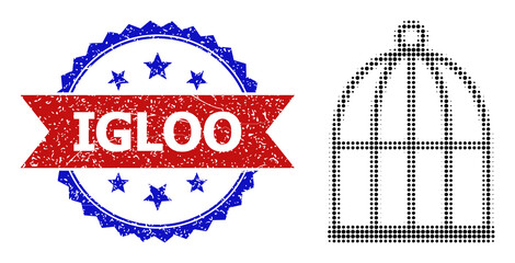 Halftone bird cell icon, and bicolor rubber Igloo seal. Halftone bird cell icon is made with small round points. Vector seal with retro bicolored style, Igloo text inside red ribbon and blue rosette.