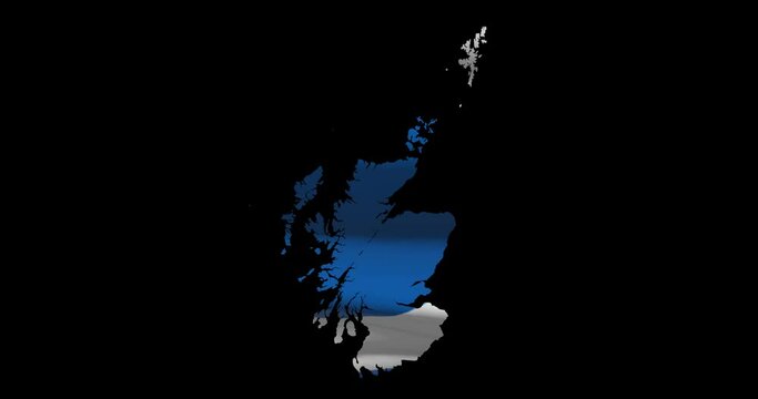 Scotland national flag on map outline, waving animation. 4K alpha channel graphic footage of country shape