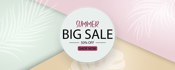Summer sale banner design with tropical leaves background