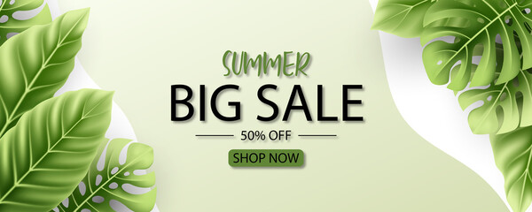 Summer sale banner design with tropical leaves background