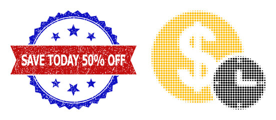 Halftone dollar credit icon, and bicolor grunge Save Today 50% Off seal stamp. Halftone dollar credit icon is constructed with small spheric items. Vector seal with corroded bicolored style,