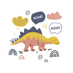 illustration of the dinosaur with roar sign, clouds, sky, rainbows. Kids illustration for posters, prints, t shirt design on white