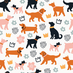 vector seamless pattern with dogs, crowns, flowers on beige background. domestic dogs pattern