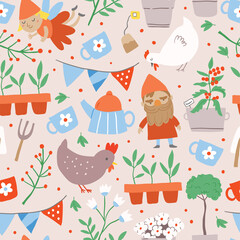 vector seamless pattern with garden elements - pants, garden tools and party decor, tea pot, tea cups with chicken, dwarf, gnome on beige background. garden party background