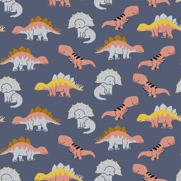 vector seamless pattern on blue background with various dinosaurs characters. Stylish animal pattern. perfect for kids, boys, teens © tanya