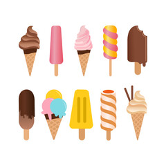 ice cream set summer dessert chocolate vanilla fruits vector isolated