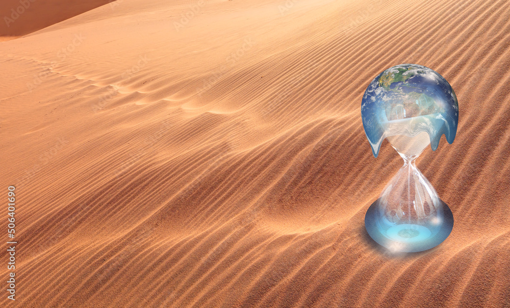 Aufkleber Planet Earth is becoming a dead planet like Mars - Hourglass inside Planet Earth and Mars isolated with sand dune (desert)
