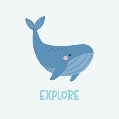 Obraz premium Cute cartoon undersea world. Deep Ocean or sea with whale. Vector illustration