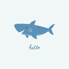 Cute cartoon undersea world. Deep Ocean or sea with  shark. Vector illustration