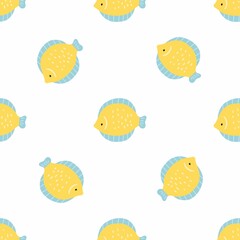 Fototapeta premium Cute cartoon undersea world. Deep Ocean or sea with fish. Vector seamless pattern