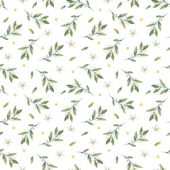 Pattern with flowers and leaves on a white background. Seamless pattern. Floral background.