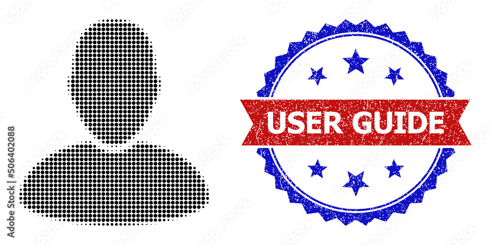 Poster halftone user icon, and bicolor dirty user guide watermark. halftone user icon is constructed with s