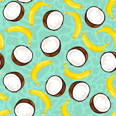 Coconuts and bananas colorful seamless pattern.