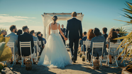 Beautiful Bride in White Wedding Dress and Handsome Groom in a Traditional Black Suit Going Down...