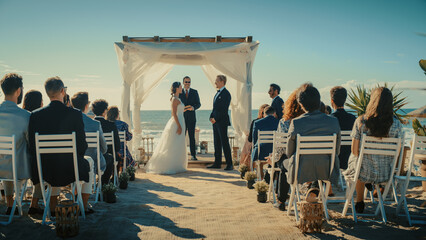 Beautiful Bride in White Wedding Dress Going Down the Aisle with Her Father, while Groom Waits at an Outdoors Ceremony Venue Near the Sea with Happy Multiethnic and Diverse Friends.