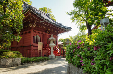東京、浅草寺の薬師堂と初夏の境内風景