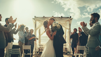Beautiful Bride and Groom Celebrate Wedding Outdoors on a Beach Near the Ocean. Perfect Marriage...