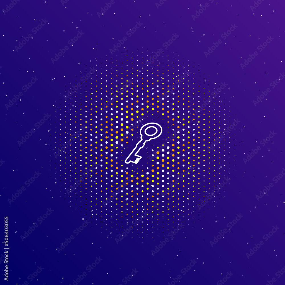 Poster A large white contour old key symbol in the center, surrounded by small dots. Dots of different colors in the shape of a ball. Vector illustration on dark blue gradient background with stars