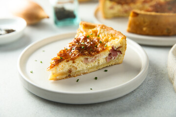 Traditional homemade French quiche with onion and bacon