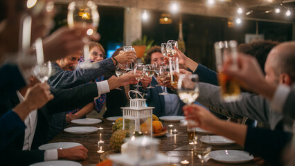 Big Dinner Party with a Small Crowd of Multiethnic Diverse Friends Celebrating at a Restaurant....