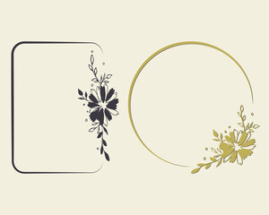 Floral chamomile frame outline set. Hand drawn decorative daisy borders, outline doodle strokes, circle, rectangle shapes. Grey, gold color palette. Vector