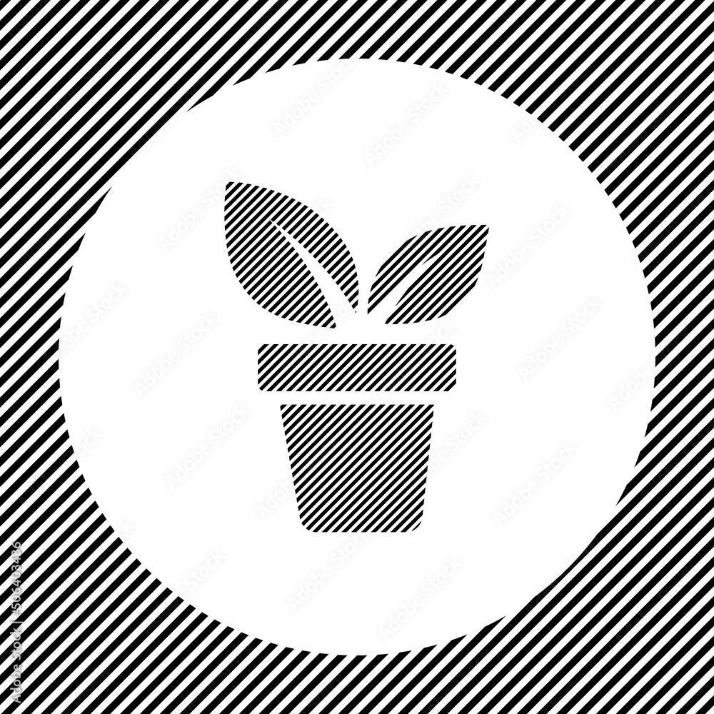 Poster a large plant in pot symbol in the center as a hatch of black lines on a white circle. interlaced ef