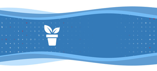 Blue wavy banner with a white plant in pot symbol on the left. On the background there are small white shapes, some are highlighted in red. There is an empty space for text on the right side