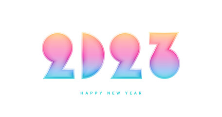 Happy New Year 2023 glassmorphism glass geometric shapes, transparency gradient glass numbers blur geometric shapes isolated on white. Vector illustration greeting invitation card design element