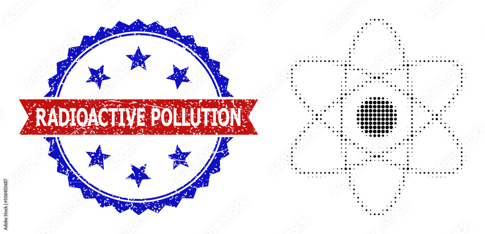 Poster halftone atom orbits icon, and bicolor rubber radioactive pollution seal. halftone atom orbits icon 