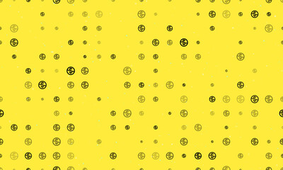 Seamless background pattern of evenly spaced black no dollar symbols of different sizes and opacity. Vector illustration on yellow background with stars