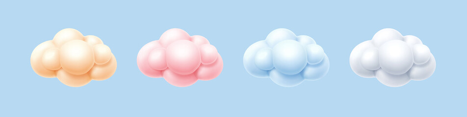 Color clouds 3D spheres set, liquid balls or multicolor metaballs or blobs. Vector illustration of abstract glossy cloud of yellow, pink, blue and white colors. Creative sky background