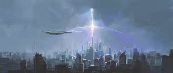 The light over the city reaches into the sky, 3D illustration. © liuzishan