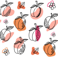 Peach fruit seamless pattern. Peach with leaf hand drawn repeated backdrop. Whole fruit and cut half. Food template for background, textile, wrapping paper, wallpaper.