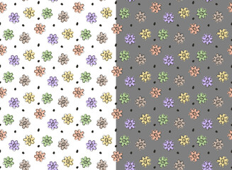 Chamomile floral seamless pattern. Doodle cartoon graphic daisy flowers. Cute simple design, geometric grid pastel color illustration. White, grey easy editable color background. Vector
