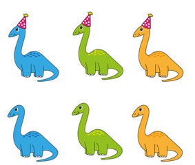 Set of cartoon cute colored dinosaurs with and without party cap no background