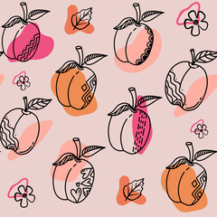 Peach fruit seamless pattern. Peach with leaf hand drawn repeated backdrop. Whole fruit and cut half. Food template for background, textile, wrapping paper, wallpaper.